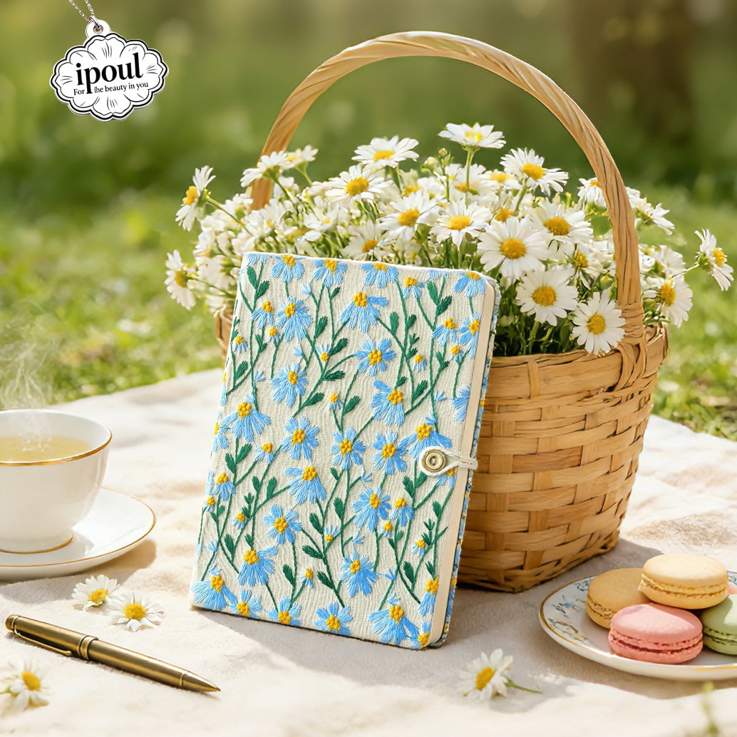 ipoul Graph Paper Notebook, Hardcover, Lay Flat, A5, 8"x6", Grid Paper, Flower Journal, Pretty, Daisy Gifts for Women, Blue