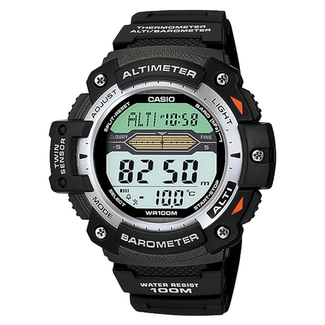 reloj casio sgw-300h-1avcf out gear doble sensor-negro negro 50 mm casio casio sgw-300h-1avcf reloj digital negro 50 mm de la colección Out Gear con pantalla LCD que muestra altímetro y barómetro, caja y correa de resina, bisel con indicadores ALTIMETER y BAROMETER y botones etiquetados (Adjust, Mode, Light, Alti), resistencia al agua 100 m; adecuado para uso en actividades al aire libre y senderismo.