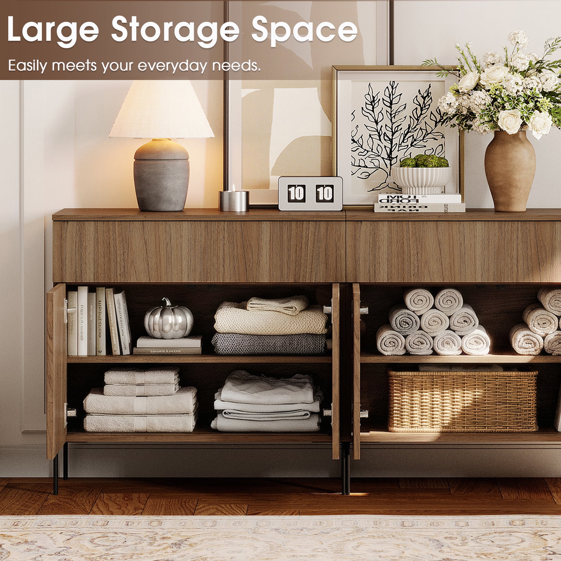 126" Long Modern Reeded TV Stand with Doors, Entertainment Center with Shelf, Wooden TV Console with Drawers for Living Room