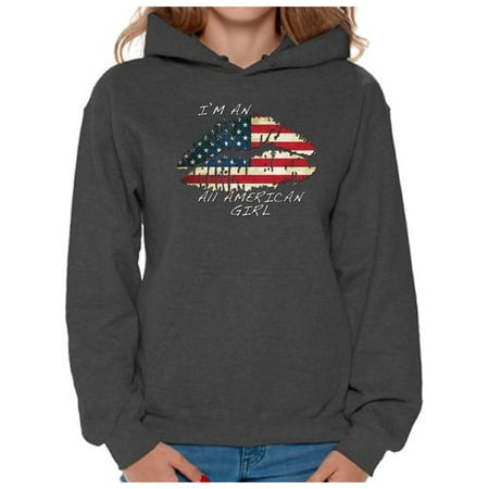 Awkward Styles Women's I Am An All American Girl Graphic Hoodie Tops Lips USA Flag 4th of July
