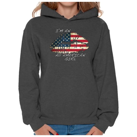 Awkward Styles Women's I Am An All American Girl Graphic Hoodie Tops Lips USA Flag 4th of July