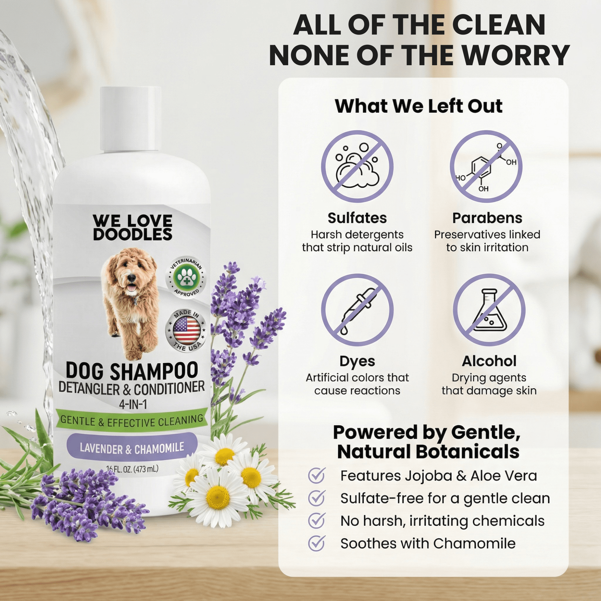 We Love Doodles Organic Professional 4-in-1 Dog Shampoo, Conditioner, Detangler, & Moisturizer, Lavender, 16 fl-oz