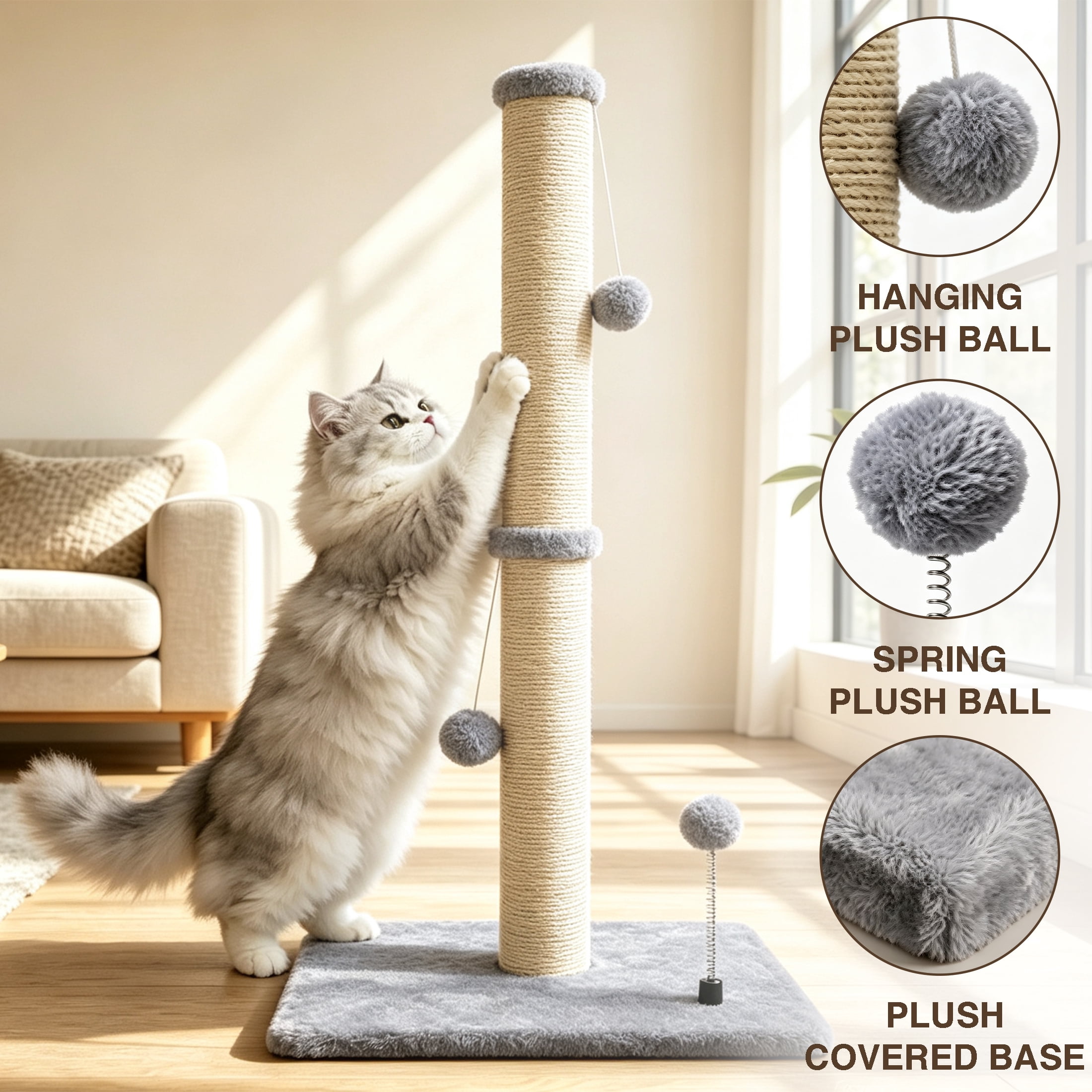 GARITIN Cat Scratching Post, 31 Inch Tall Sisal Cat Scratcher with Interactive Plush Toy Balls