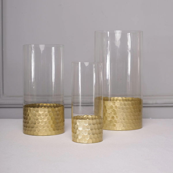 Efavormart Set of 3 Glass Cylinder Vases with Gold Honeycomb Base Glass  Candle Holders - 8