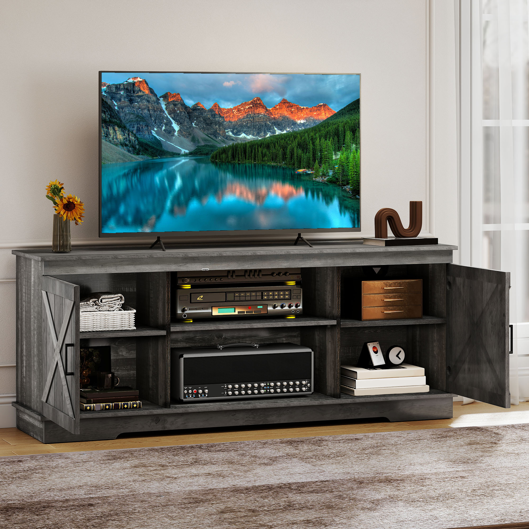 Uforic Farmhouse TV Stand with Barn Doors for 65" TVs photo 3