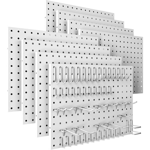 Peg Board, 8 Pack Metal Pegboard Panels White & Black Pegboards Wall Organizer with 50 Pcs Hooks, Peg Board for Walls Home, Garage Tool Storage, Office Organization, Kitchen, Craft Room