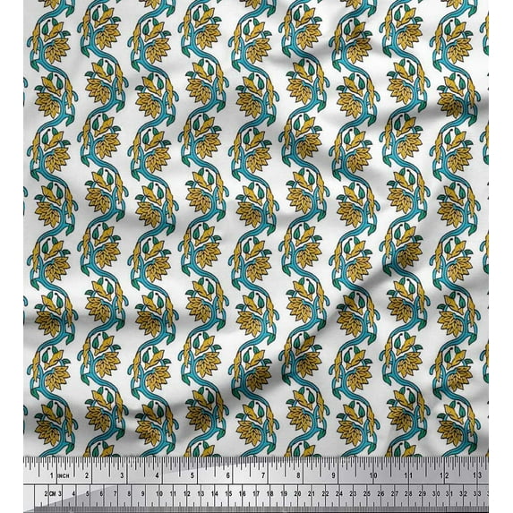 Soimoi Polyester Crepe Fabric Leaves & Floral Block Printed Fabric 1 Yard 52 Inch Wide