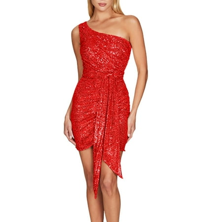 Women s One Shoulder Pleated Streamer Bag Dress Pure Wind Sequin Halter Dress Summer Women