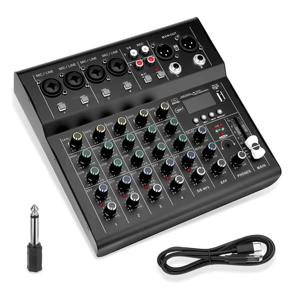 6 Channel Audio Mixer Console Sound Board with 48V Phantom Power,USB Audio Interface for Live Show,Streaming Recording Music Stage Karaoke