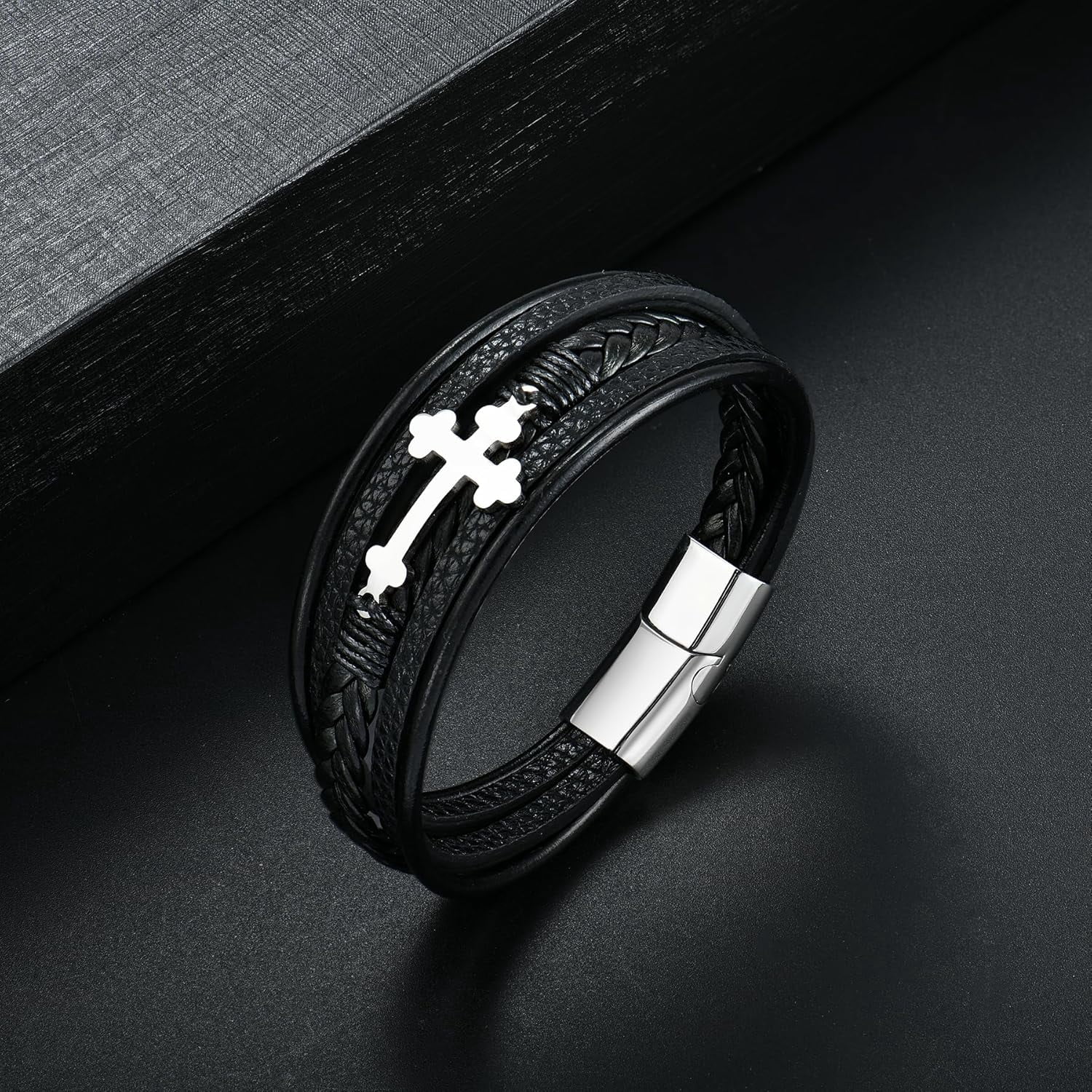 Mens Leather Cross Bracelet Multi-Layer Braided Faith Bracelet Religious Wristband Father's Day Birthday Jewelry Gifts for Men 8.5" Stainless Steel Buckle Bangle