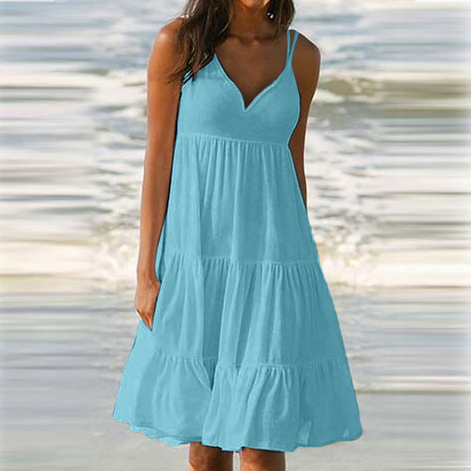 Lolmot Womens Summer Dresses Fashion Holiday Casual Solid Color Sexy V