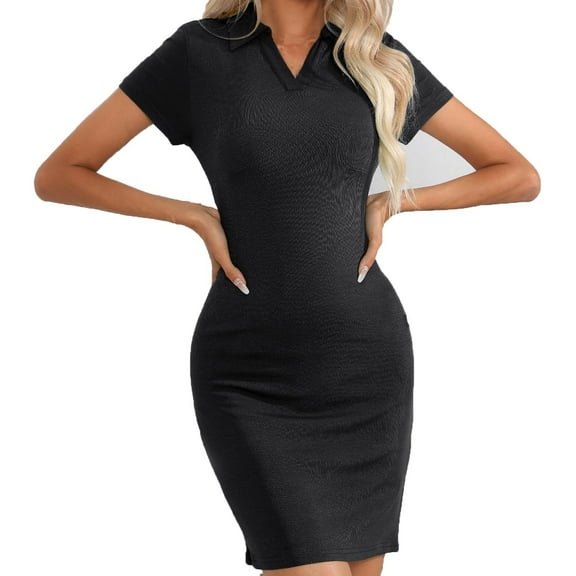 ZVNAΖH Women's Summer Casual Short Sleeve V Neck Collared Ribbed Knit Tummy Control Bodycon Mini Dress
