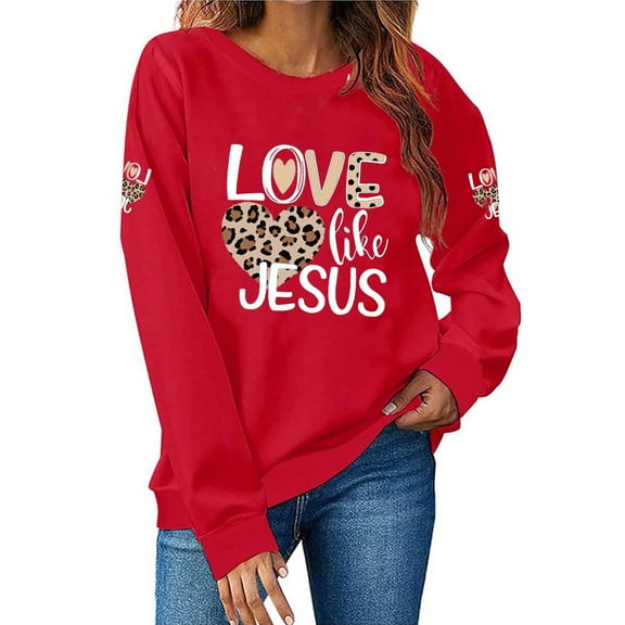 GuzomFashion Valentine's Day Womens Christian Crewneck Sweatshirt - Red Love Like Jesus Leopard Print Relaxed Fit Soft Polyester Faith-Based Graphic Sweatshirt,Size M