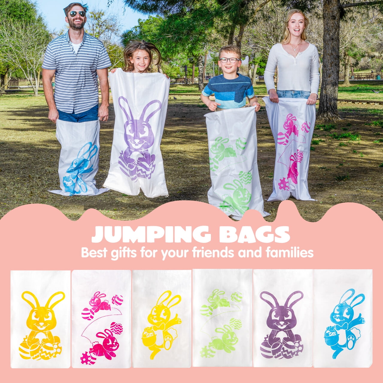 Joyfy 33Pcs Easter Potato Sack Race Bags,Spoon and Egg Race, 6 Players Legged Relay Race Bands Elastic Tie Rope for Easter Theme Party Favor, Outside Lawn,Eggs Hunt Game Activities