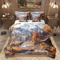 Homewish Woodland Animal Deer 7-Piece Bedding Comforter Set,Rustic Farmhouse Cabin King Bedding Sets,Natural Mountain Stream Bed Sheets For Men Women,Super Cozy Room Decor Reversible