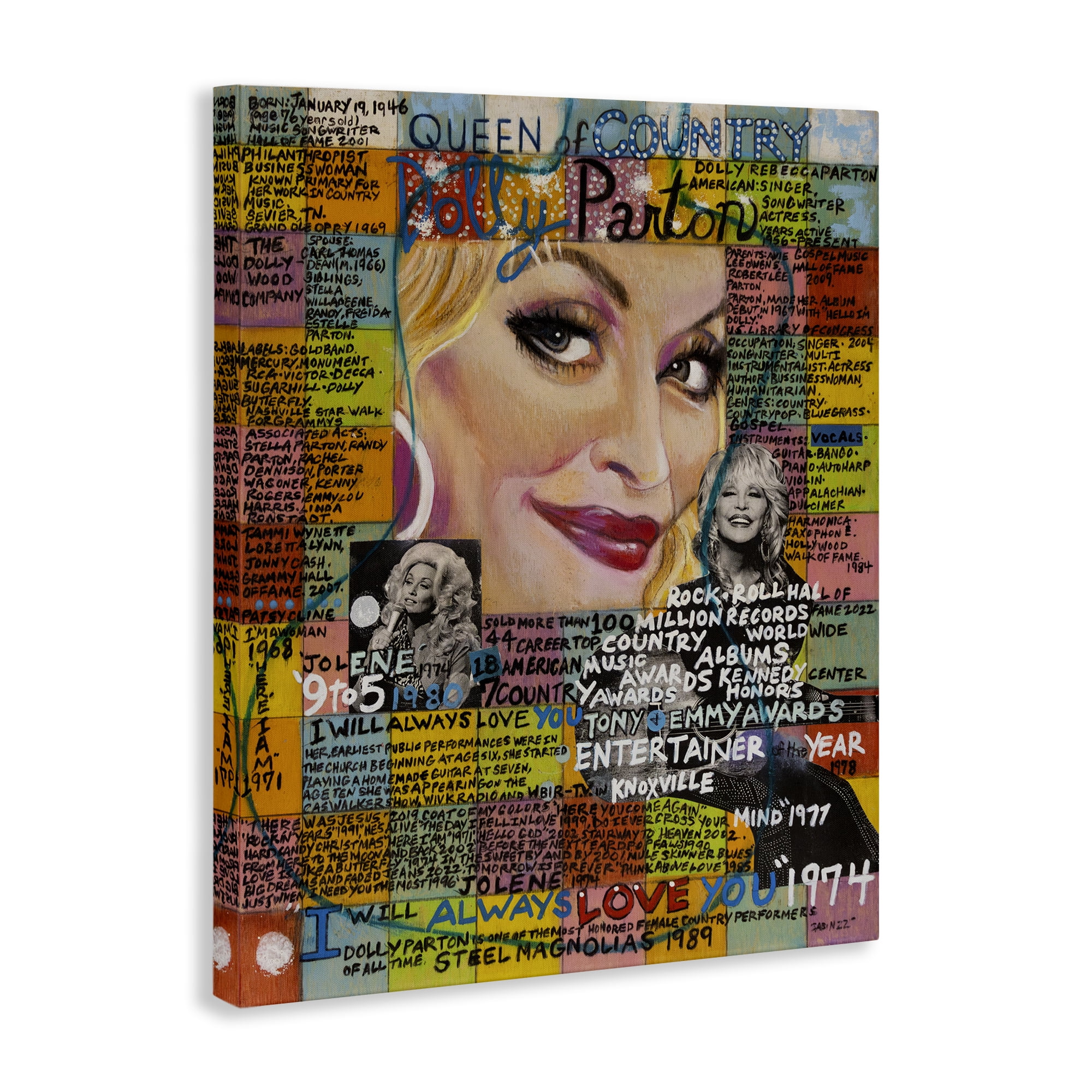 Stupell Industries Dolly Parton Collage People Drawing Wrapped Canvas Art Print Wall Art, 36 x 48
