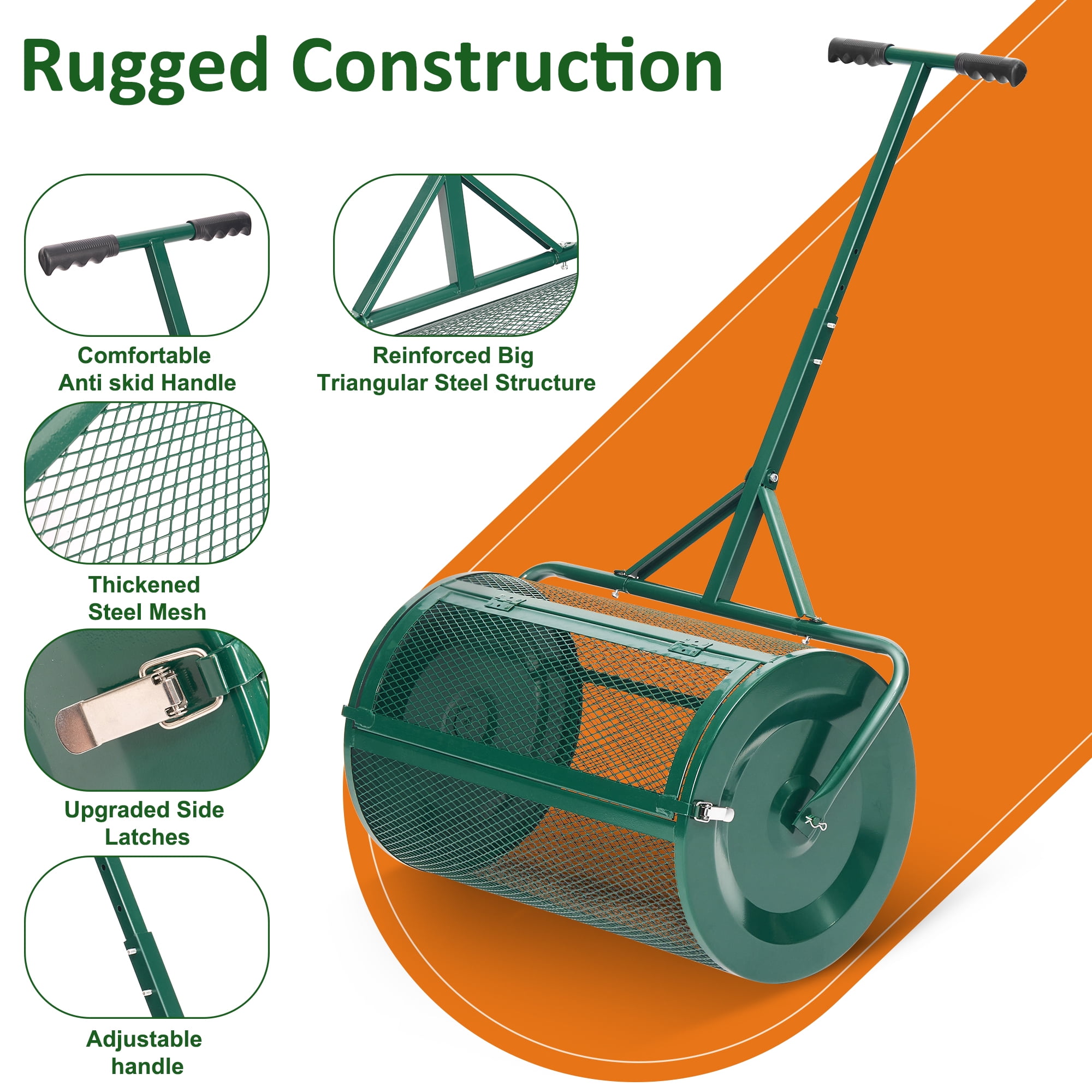 MUCHANT 24" Compost Spreader, Heavy-Duty Metal Mesh Spreader with Adjustable Handle for Lawn, Green