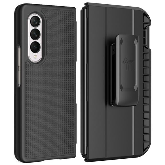 Case with Clip and S Pen Slot for Galaxy Z Fold 3 5G, Nakedcellphone [Grid Texture] Slim Hard Cover and Rotating Belt Hip Holster Holder Combo for Samsung Z Fold3 Phone (SM-F926) 2021