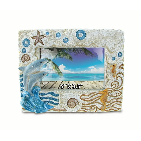 CoTa Global Colorful Dolphin 5" x 3.5" Photo Frame Nautical Handcrafted Resin Picture Holder Easel Back Ocean Life Marine Animals Seahorse Novelty Frame Bright & Unique for Beach & Underwater Rooms