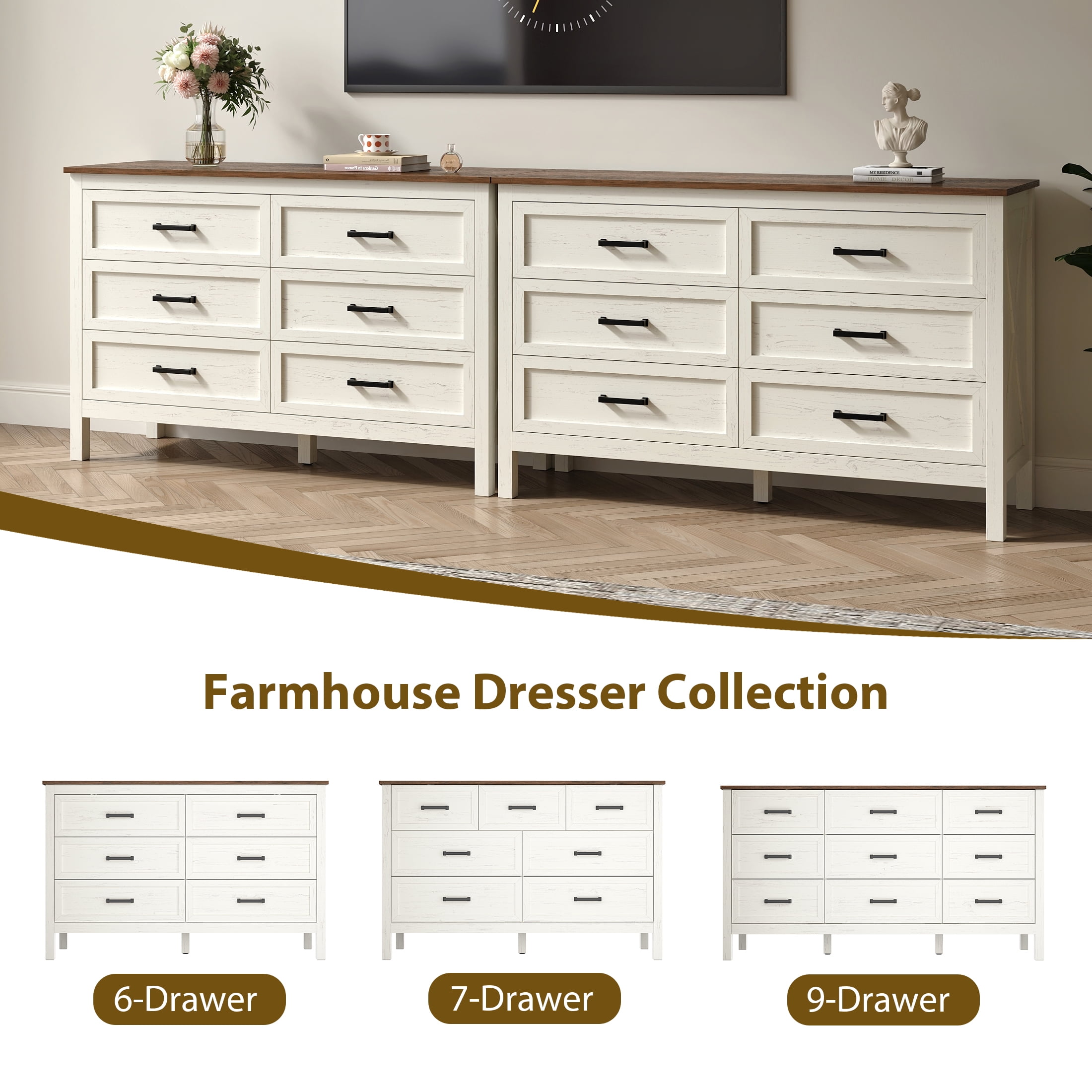 YouTrend 9 Drawer Farmhouse Dresser,Wood Adult Rustic Chest of Drawer with Metal Handles for Bedroom Living Room Hallway,Burlywood & White