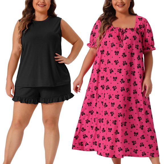 NOMADIC NOOK Women's Plus Size 2 Piece Pajamas Sleeveless Tank Shorts Set and Cherry Print Square Neck Nightdress Soft Loungewear Nightgowns 1X Black/Hot Pink