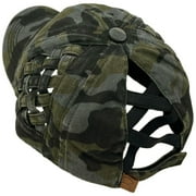 C.C Ponytail Criss Cross Messy Buns Ponycaps Baseball Cap Dad Trucker Mesh Hat (Basket Weave Camo Black)