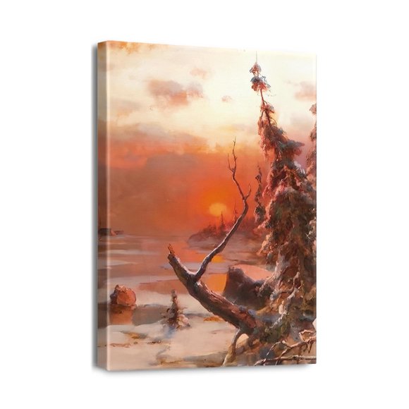 Magnifique Peinture à l'Huile Vintage de Coucher de Soleil sur la Forêt, Impression d'Art Mural 12x16 - une Pièce Intemporelle pour la Décoration de la Maison et du Bureau