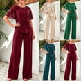 thumbnail image 2 of Women's 2 Piece Outfits - Elegant Chiffon Patchwork Layered Blouse with Straight Leg Pants Dressy Business Casual Sets, 2 of 6