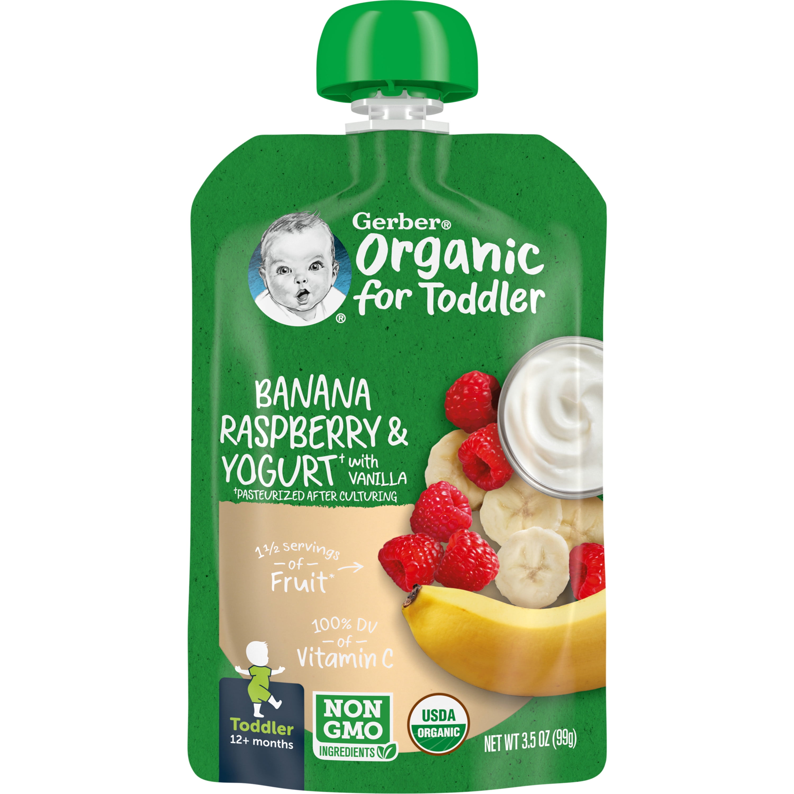 Gerber Organic for Toddler, Yogurt Toddler Food, Banana Raspberry Vanilla, 3.5 oz Pouch