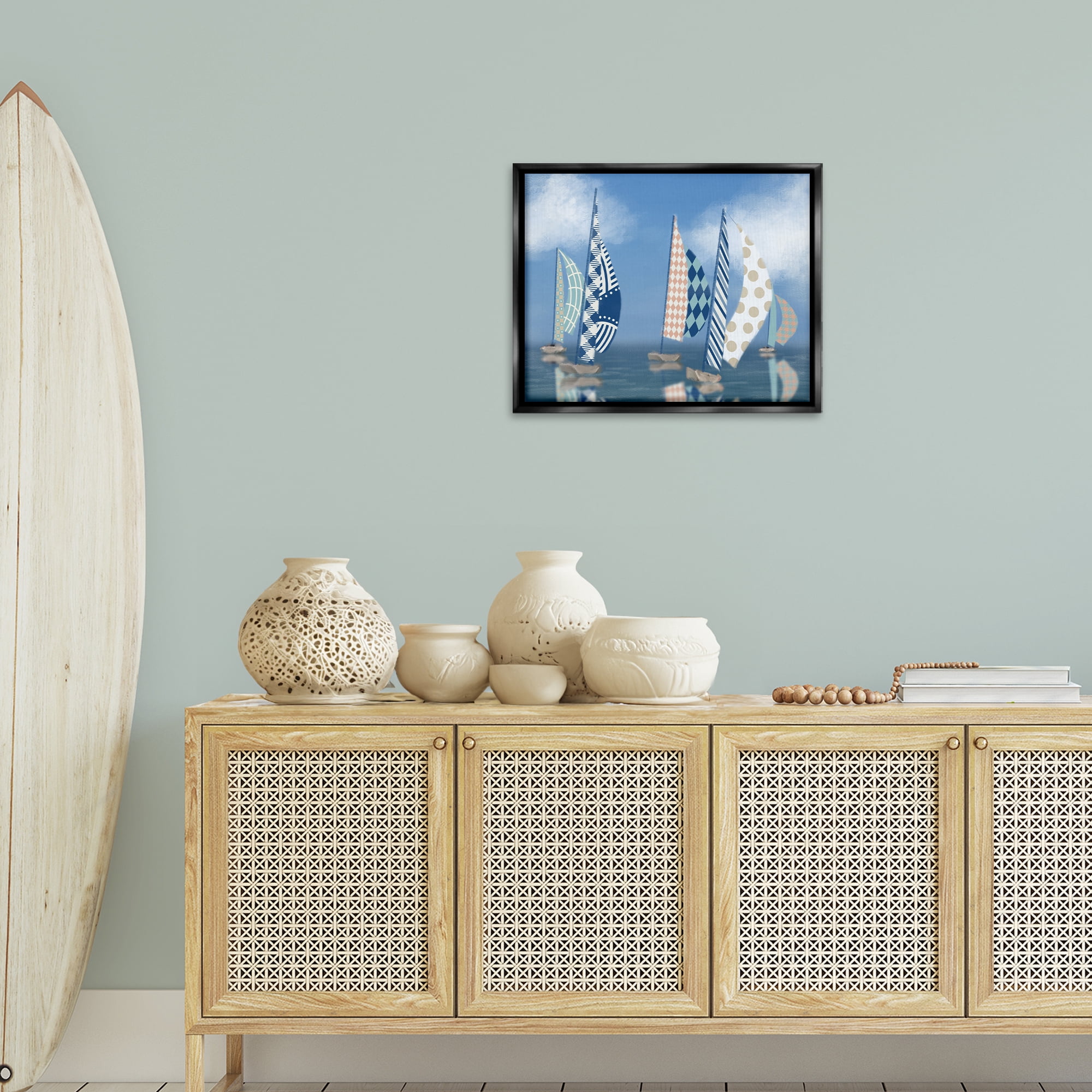Stupell Industries Patchwork Coastal Sailboats Transportation Painting Black Floater Framed Canvas Art Print Wall Art, 21 x 17