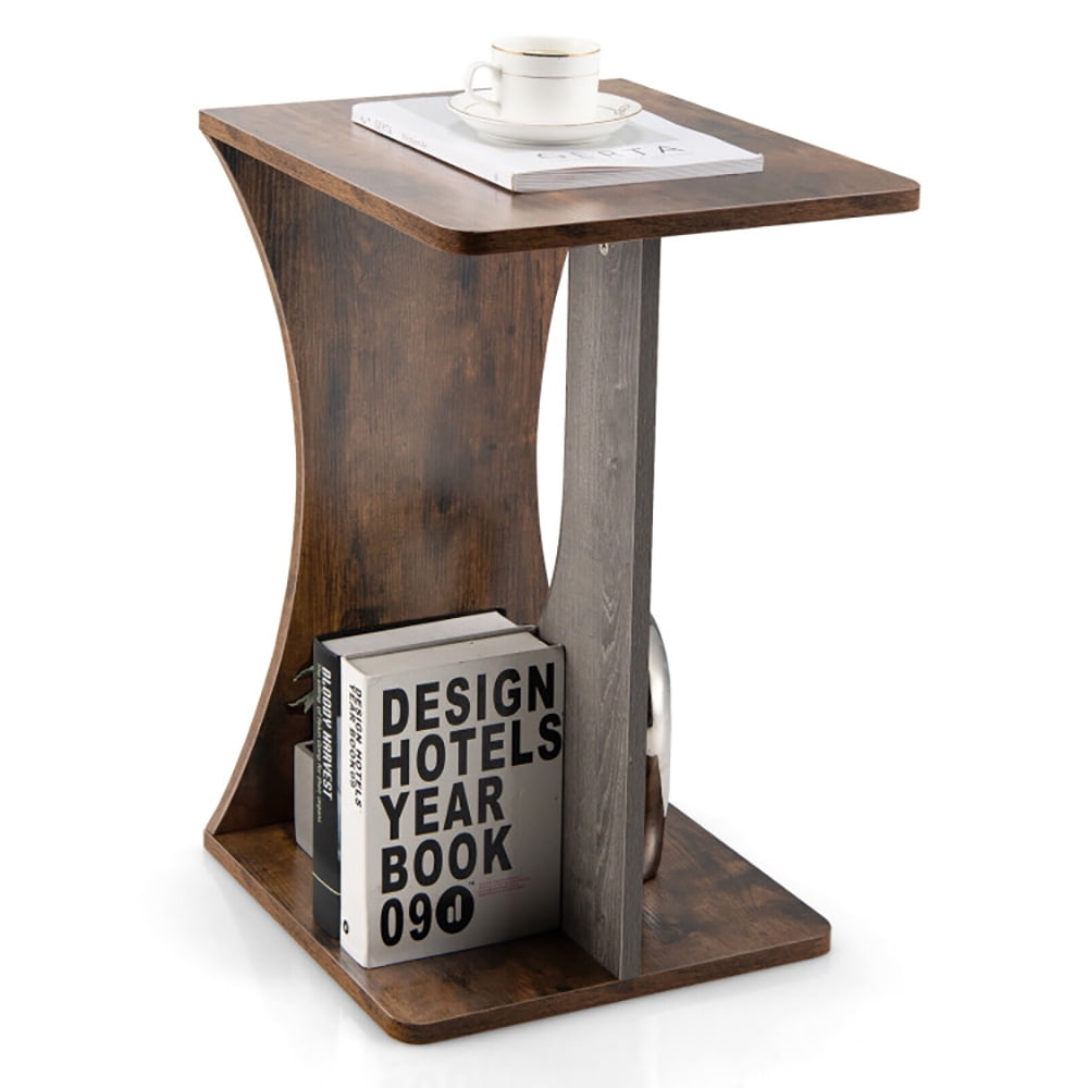 Finihen End Side Table, 2-Tier Compact C-shape Sofa Side Table, for Living Room, Bedroom, Rustic Brown