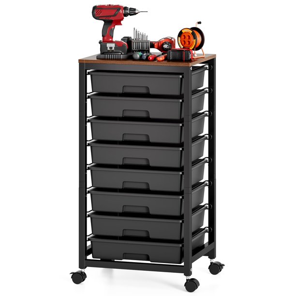 Carrito de almacenamiento SYKIARIOL de 8 cajones con tapa de madera, negro