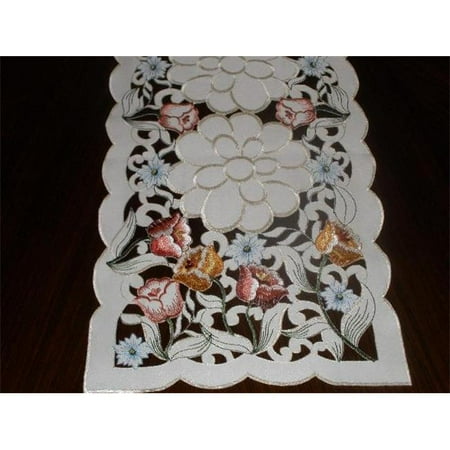 

LY0046-1472 13 x 72 in. Embroidered Tulips Cutwork Table Runner Ivory