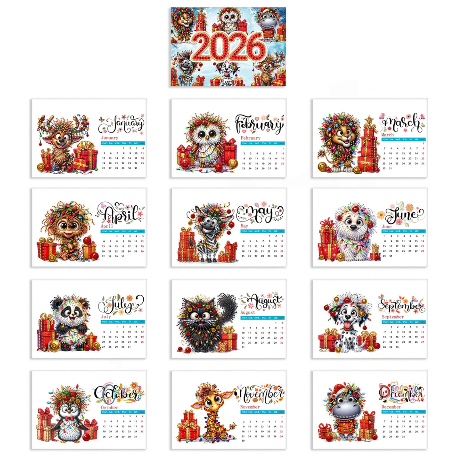 FLOPESN 2026 DIY Diamond Art Painting Desk Calendar,Thick Paper Monthly Flip Tabletop Calendars for Office Home Decor Planning-Christmas Animals