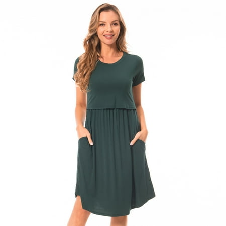 

Bearsland Female Short Sleeve Midi Maternity Nursing Dress Casual Pocket Dress