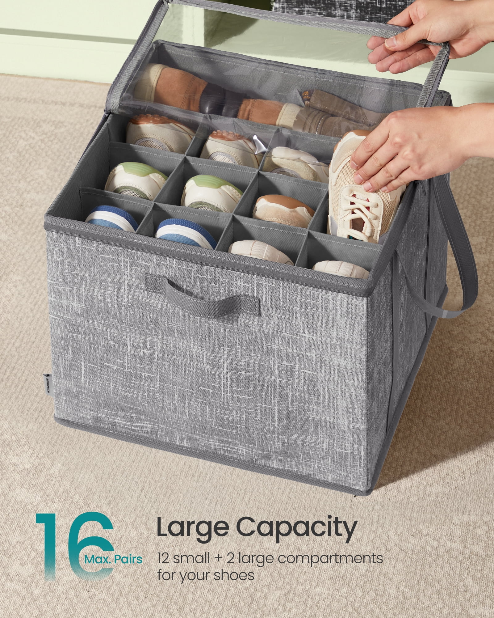 Set of 2 Shoe Storage Organizers - 16-Pair Capacity Each, Clear PVC Lid & Reinforced Handles, Foldable Fabric Bins for Closet, Cattail Gray