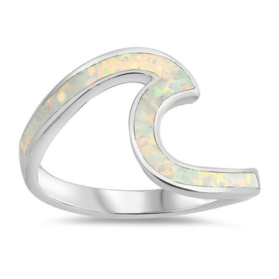 White Simulated Opal Large Wave Designer Ring Sterling Silver Size 9