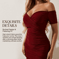 thumbnail image 2 of Women's Elegant Ruched Bodycon Midi Dress Off Shoulder Short Sleeve Cocktail Evening Dress, 2 of 5