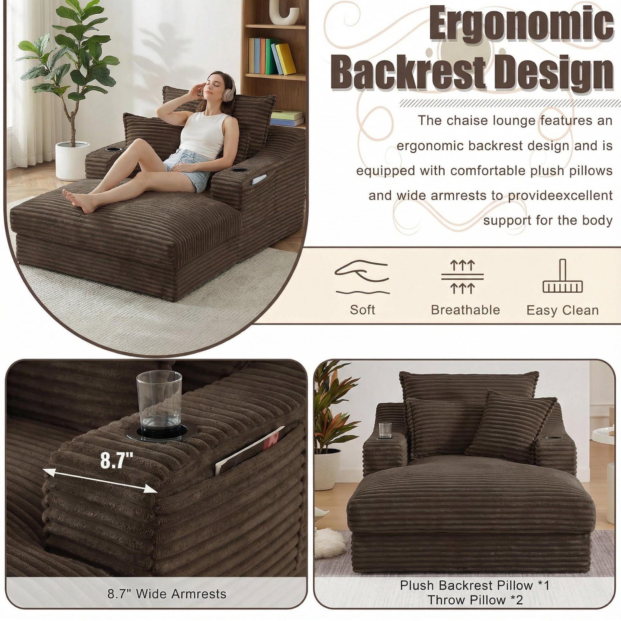Kosynda 68"D Oversized Chaise Lounge Chair Indoor with Storage, Corduroy Upholstered Boneless Sleeper Sofa Bed with Cup Holder for Living Room, Bedroom, Brown