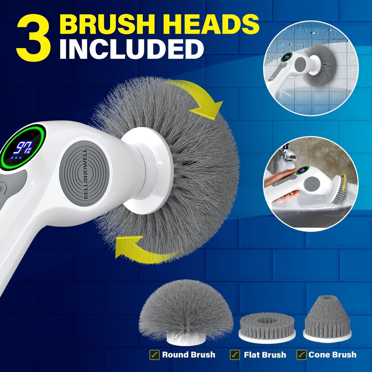 Bell + Howell Scrubtastic Pro 4 Piece Rechargeable Power Scrubber Set with 3 Speeds and Extendable Handle