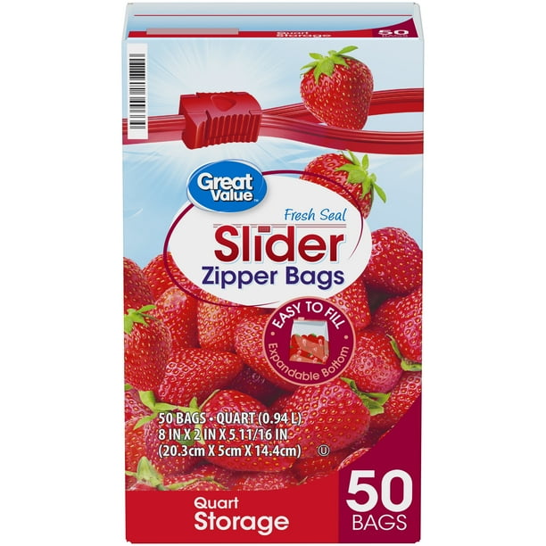 Great Value Slider Zipper Quart Storage Bags, 50 Count