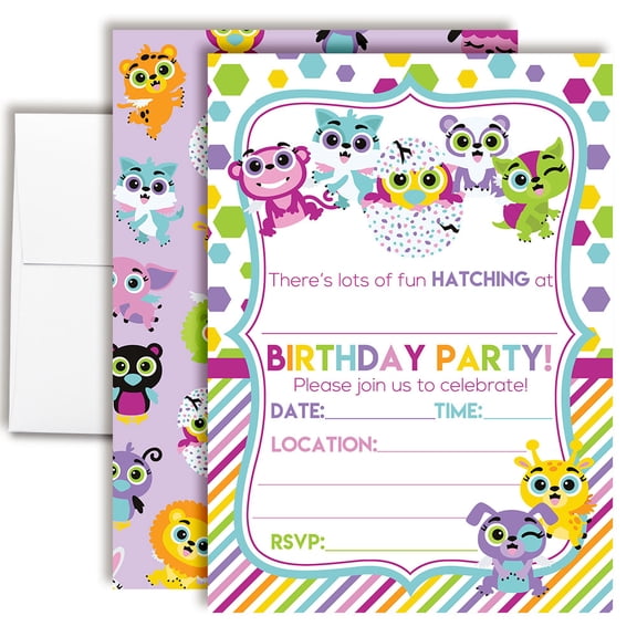 Cute Hatching Animal Birthday Invitations for Kids, 20 Fill-In Cards with Envelopes, 5x7 Children's Party Invitations, Birthday Party Supplies, Made in USA by Amanda Creation