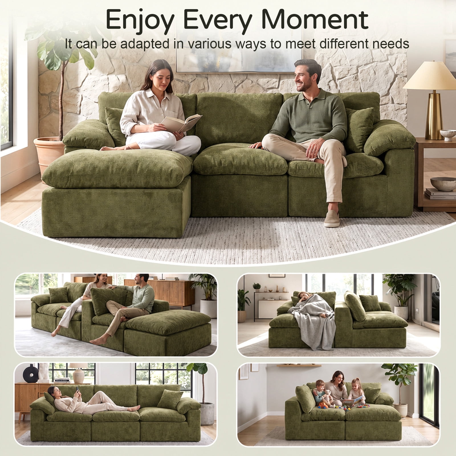Aisword 102.3" Modular Sectional Sofa,Oversized Cloud Couch with Movable Ottoman,L-Shaped Convertible Boneless Sofa,Deep Seat Chenille Sectional Couch for Living Room,Green