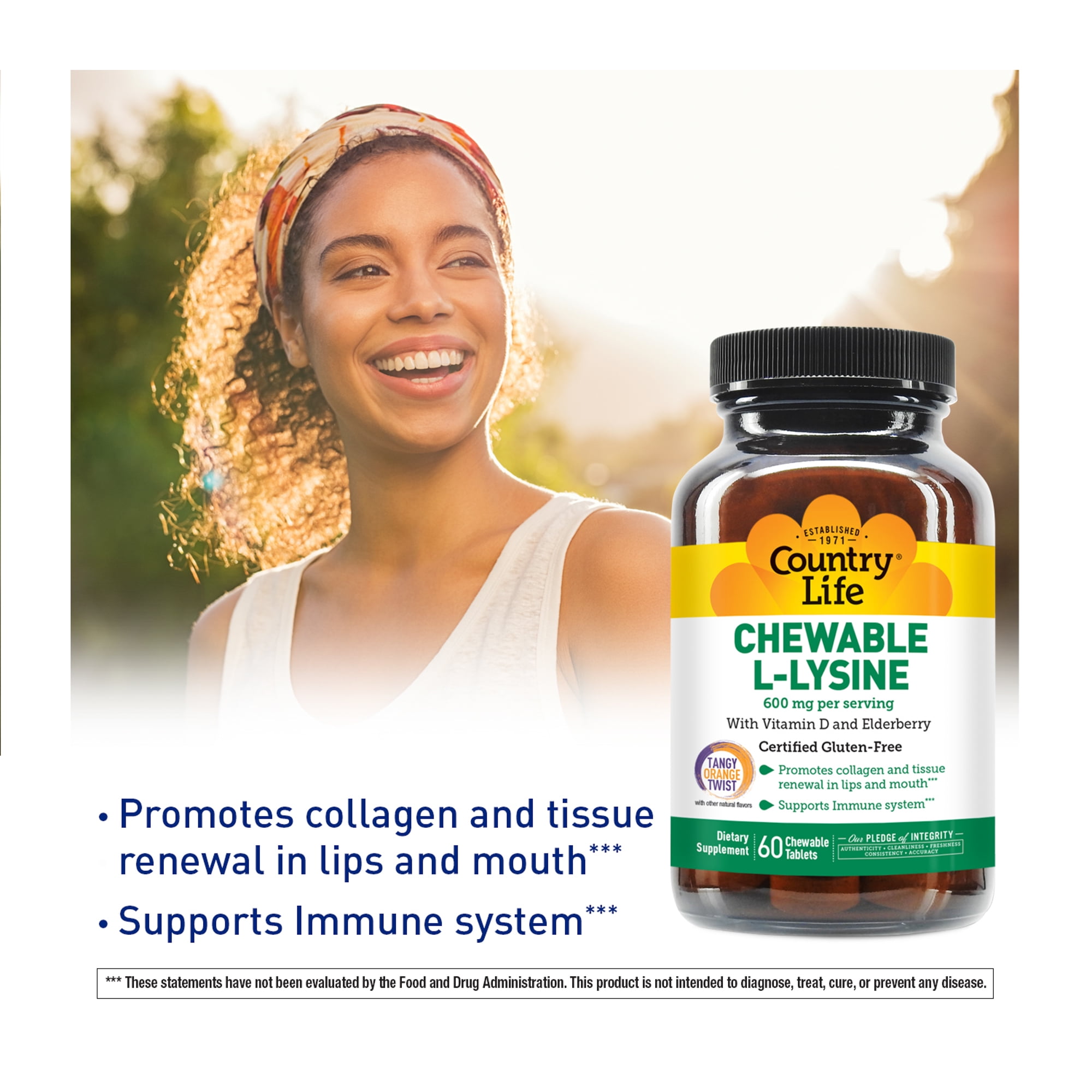 Country Life Chewable L-Lysine With Vitamin D and Elderberry, Tangy Orange Twist, 600 mg, 60 Chewable Tablets (300 mg per Tablet)