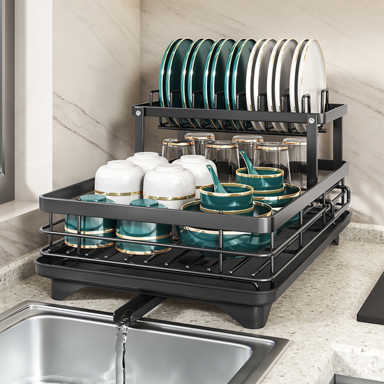 Dish Drying Rack, Dish Racks for Kitchen Counter, Kitchen Organizers and Storage Rack with Drainboard and Cutlery Holder (Black,Double-Layer Standard Version)