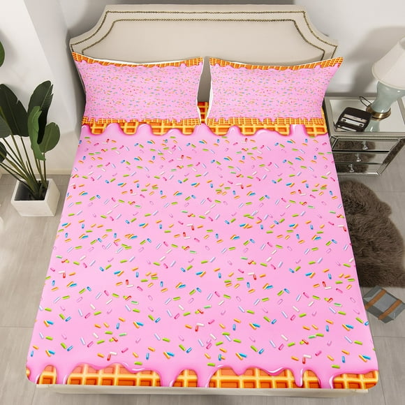 Erosebridal Donut Dessert Fitted Sheet Queen, Pink Fitted Sheet Set Queen, Cute Cake Room Decor 3-Piece（No Top Sheet）