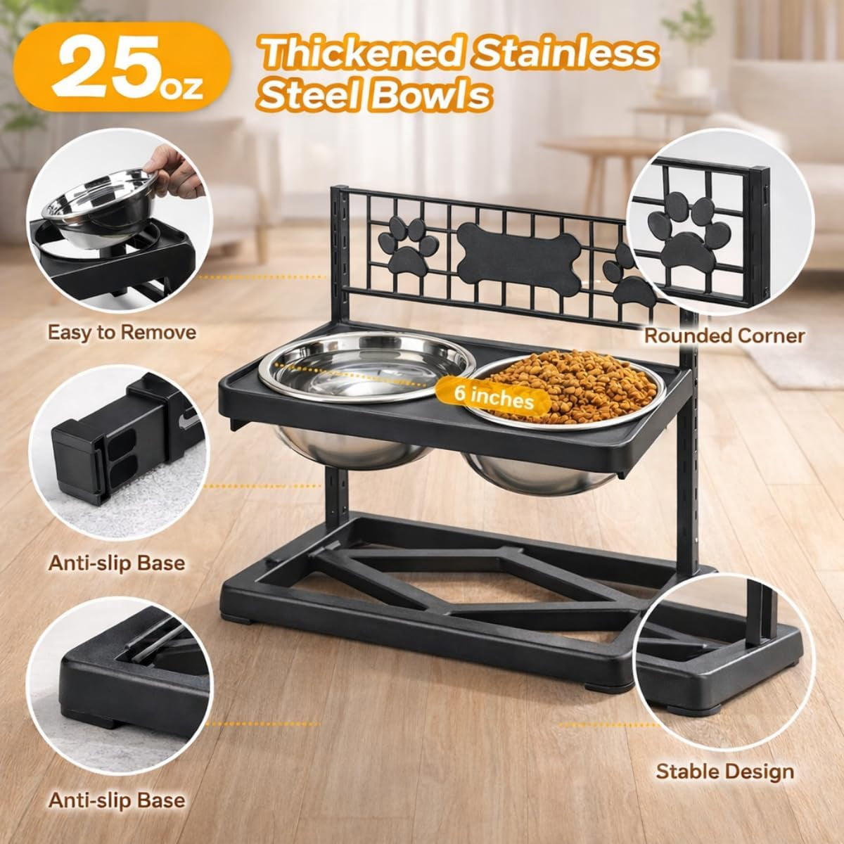 DOULAIMENG Adjustable Height Large Stainless Steel Food Bowl with 2 Stainless Steel Dog Bowls for Dogs, Black Paw Print