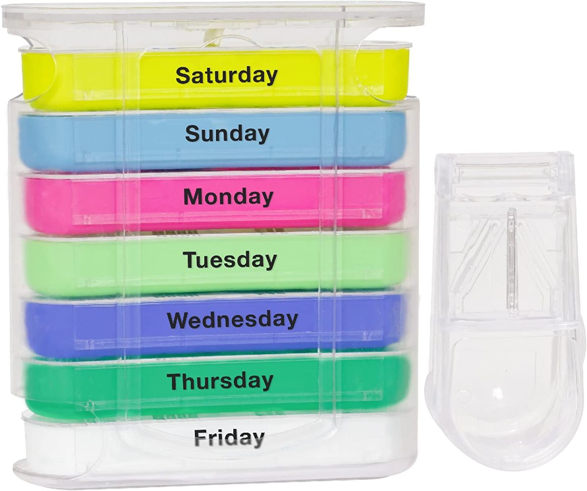 Pill Organizer Box Weekly Case with Pill Splitter Cutter Holder Large