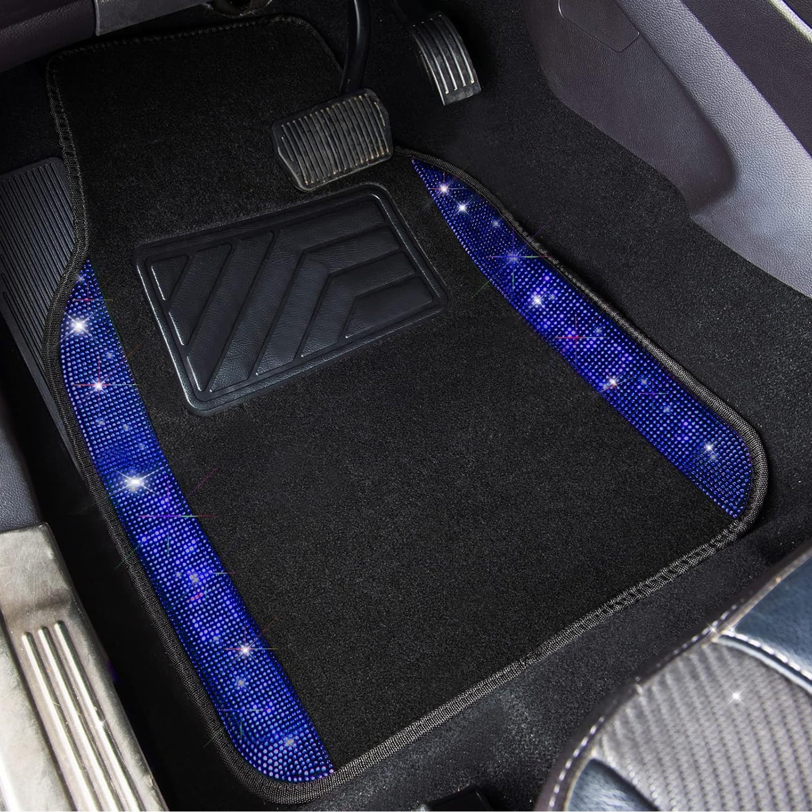 Car-Grand Bling Rhinestone Diamond car floor mats shining carpet sparkly glitter crytal with anti-slip heel waterproof universal fit cute girl women 4pcs Blue