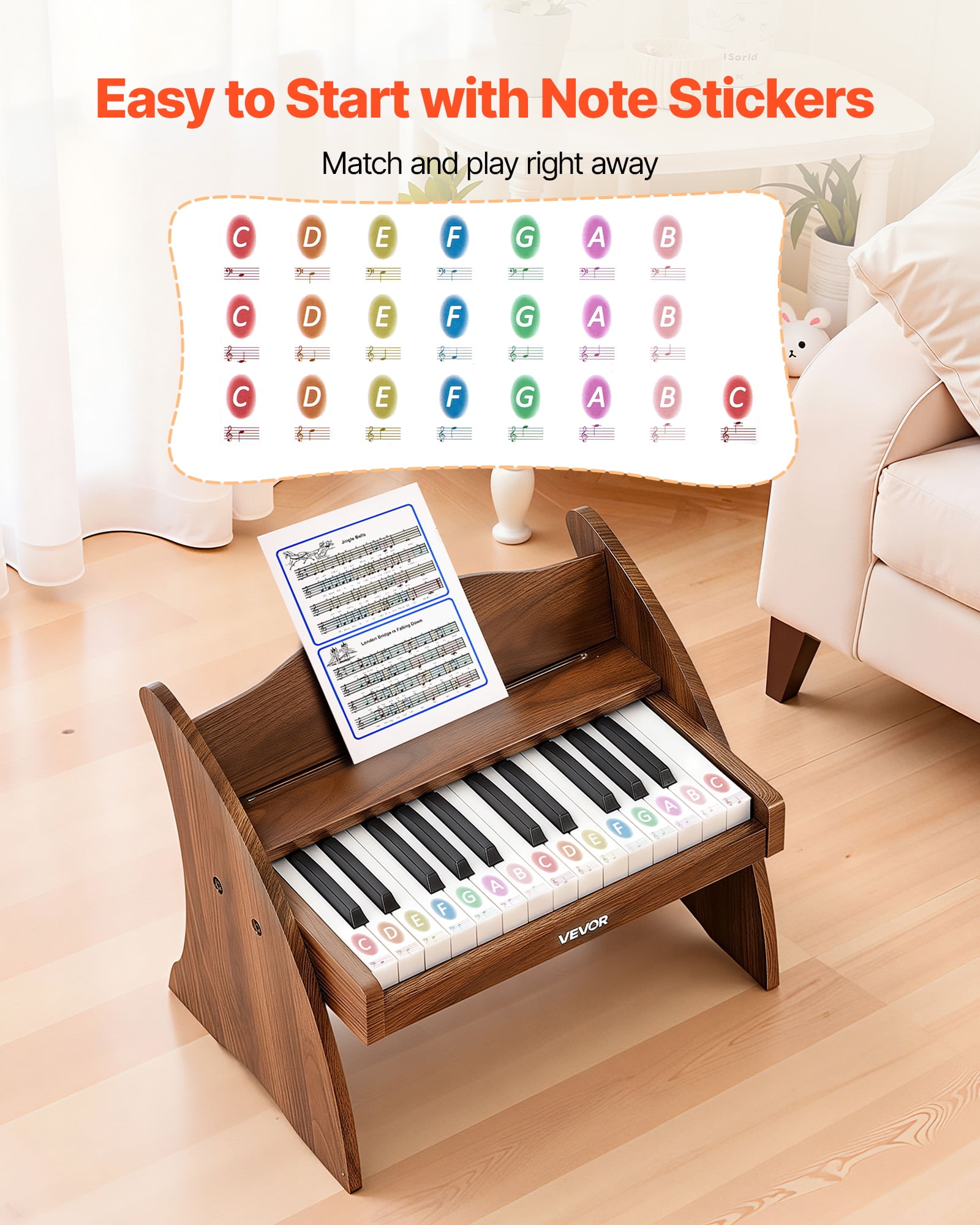 VEVOR Kids Piano Keyboard, 25 Keys Wooden Digital Piano for Kids, Mini Music Educational Instrument Toy with Realistic Sound, Dual Power, Adjustable Volume for Toddlers, Boys Girls Learning, Walnut
